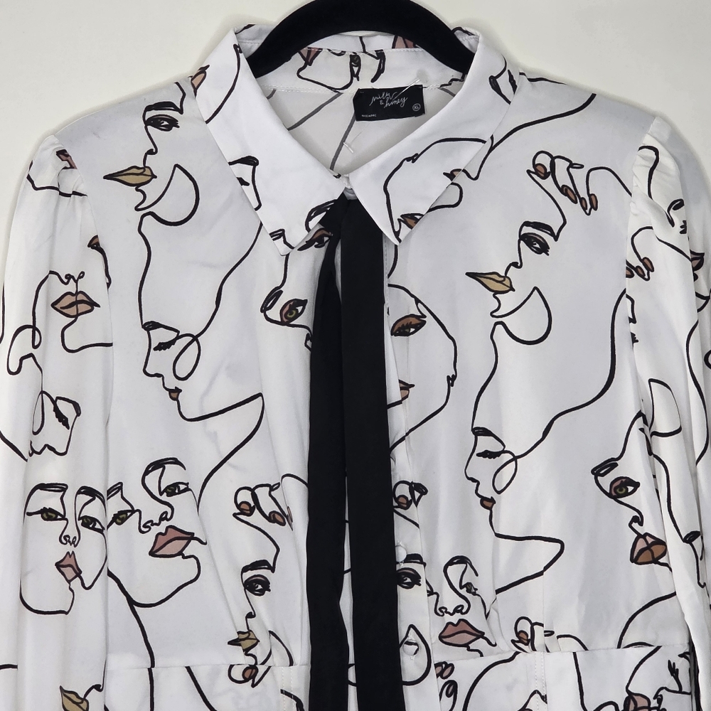 Milk & Honey Tie Neck Shirt XL Faces Print Button-up Top Long Sleeve Artsy NEW - Picture 2 of 13